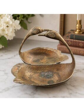 Vintage Solid Brass Double Swan Dish GATCO India Trinket Candy Nut Bowl Decor